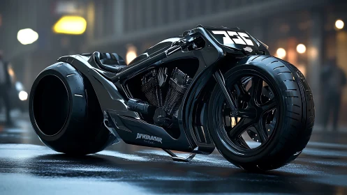 Streetlit cyber cruiser flexes its chrome muscles at dusk