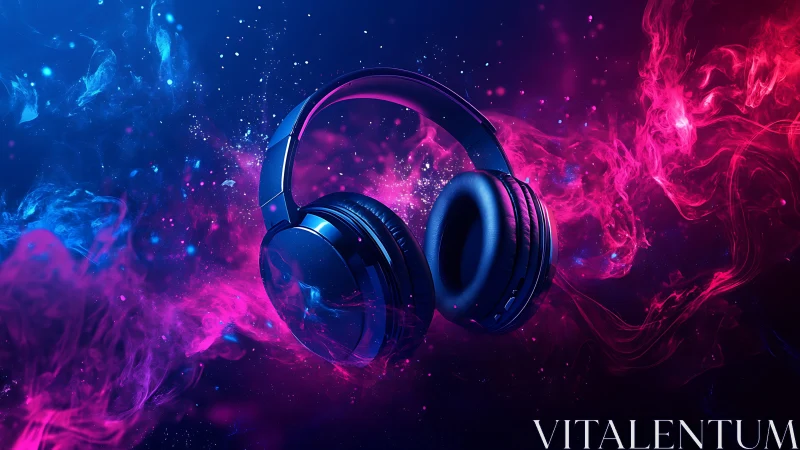 Neon midnight headphones orbit in cosmic sound clouds.