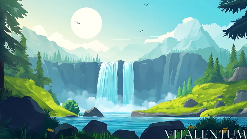 Sunlit mountain waterfall in stylized forest landscape.
