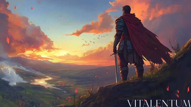 Armored warrior observes blazing valley sunset from cliff edge