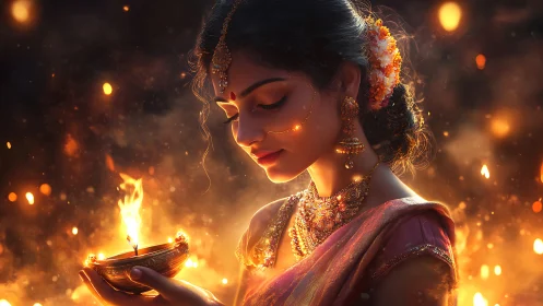 Woman holds ceremonial oil lamp under golden firelight.