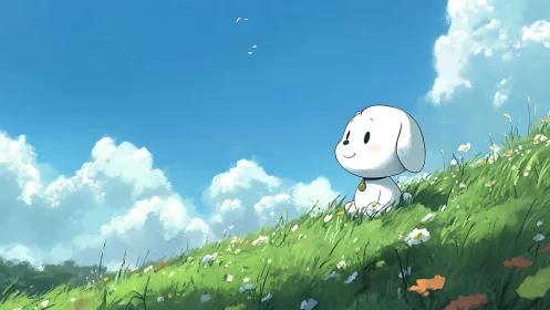 Sunlit puppy daydream on a wildflower hillside of wonder.