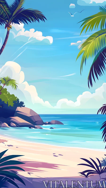 Tropical Coastal Scene with Palm Trees and Rocky Shore.