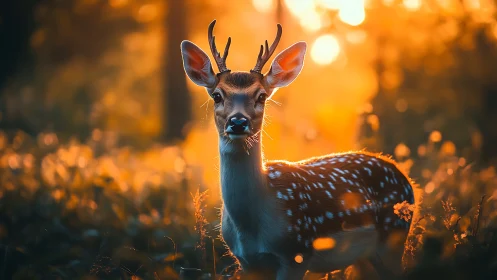 Young spotted deer in golden hour forest glow portrait.