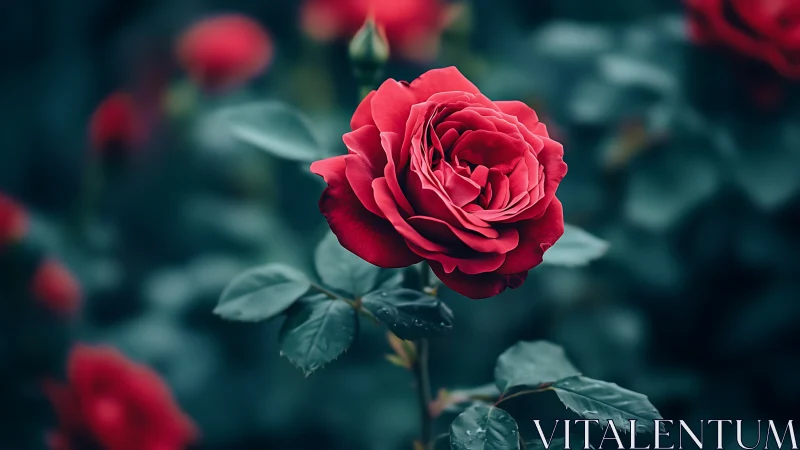 Deep Red Rose in Soft Focus Garden.