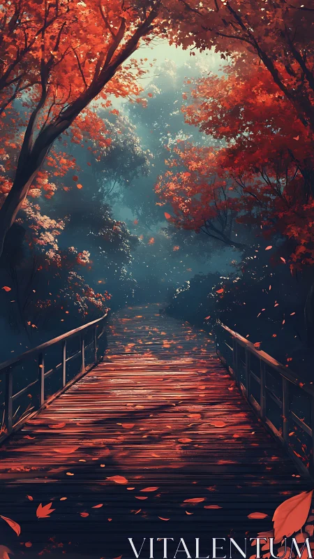 Autumn forest bridge glows under soft, misty morning light.