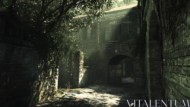 Volumetric daylight through overgrown stone alley architecture.