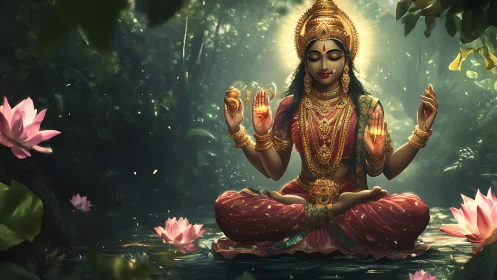 Seated multi-armed deity in lotus pose within forest setting.