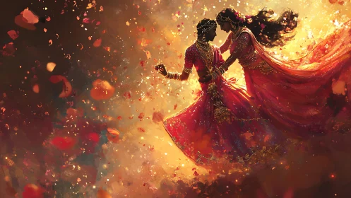 Rosefire waltz of radiant lovers in swirling petalscape.