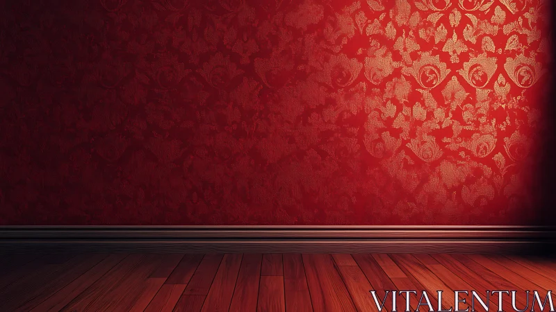 Red damask wall and wooden floor form elegant interior scene.