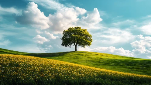 Lone Oak Tree on Rolling Hills Under Vibrant Sky, Photorealistic Style.