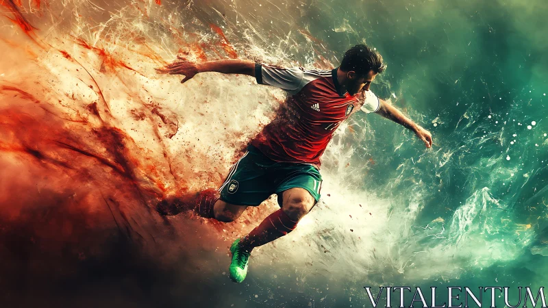 Male footballer mid-stride with abstract color motion field.
