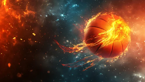 Fiery basketball comet streaks through cosmic nebula field.