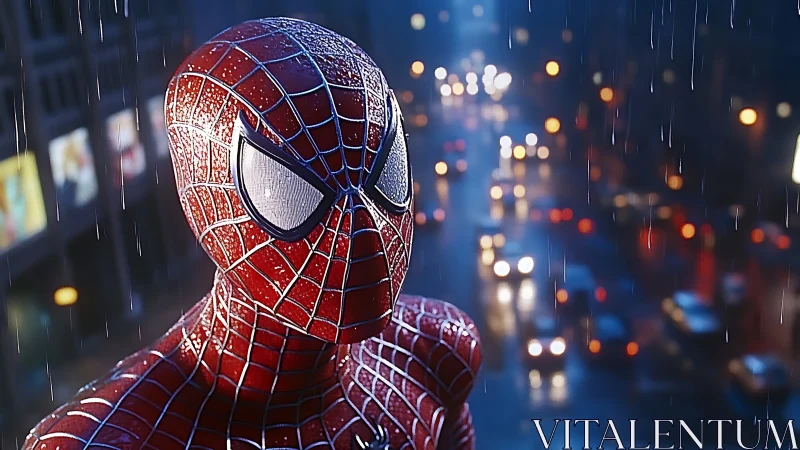 Rain-soaked red-suited vigilante rendered in cinematic bokeh