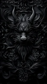 Baroque horned demon relief in monochrome sculpted tendrils.