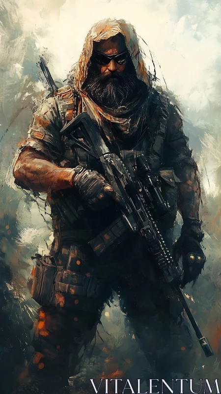 Heavily armed bearded soldier in tactical hooded gear.