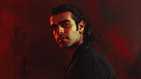 Moody digital portrait with warm rim lighting and red void.