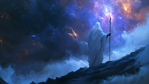 Stargazing stormcaller atop a cloud-split cosmic brink.