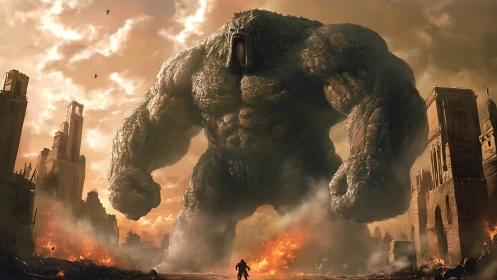 Colossal stone monster towering over burning ruined cityscape.