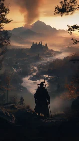 Wanderer overlooks river valley fortress at smoky sunrise