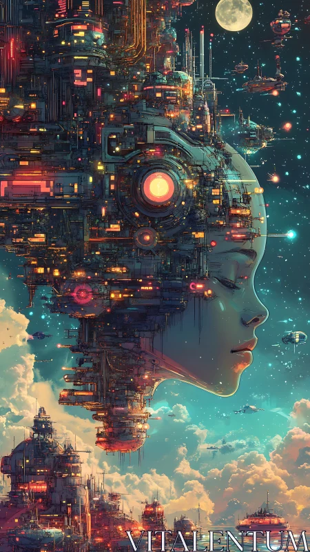 Futuristic orbital cityscape merged with sleeping cyborg head.