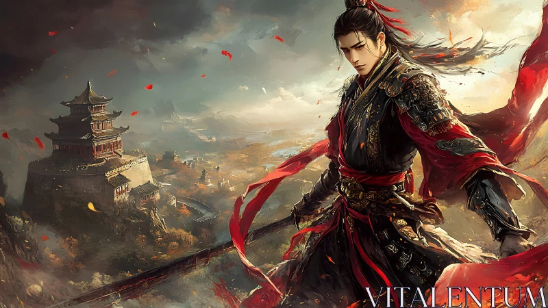 Storm-lit warrior guarding a distant mountain palace.