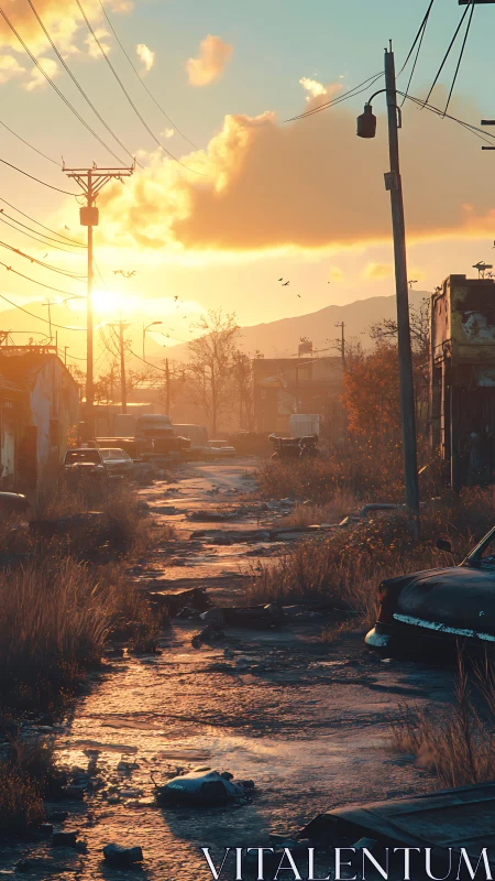 Sunset spill over a rust-silent post-apocalyptic street.