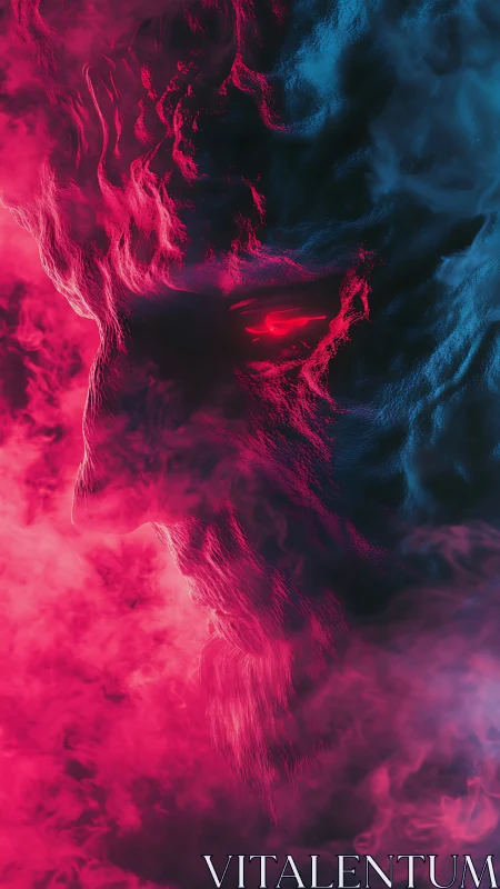 Neon spirit in swirling pink mist and electric blue shadow.