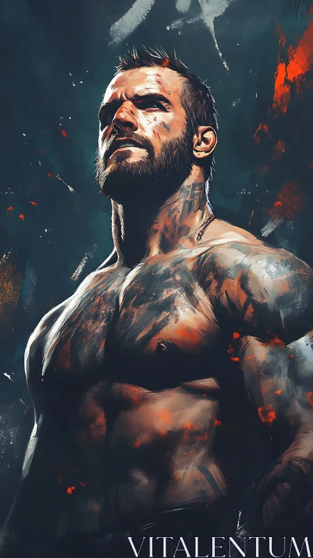 High contrast digital painting of muscular bearded warrior torso