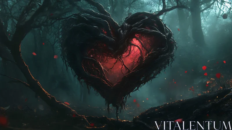 Luminescent Organic Heart Form in Dark Forest Environment.