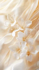 Delicate White Flowers on Silken Cream Fabric Background.