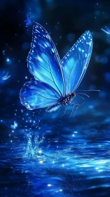 Iridescent blue butterfly ascends from luminous liquid surface
