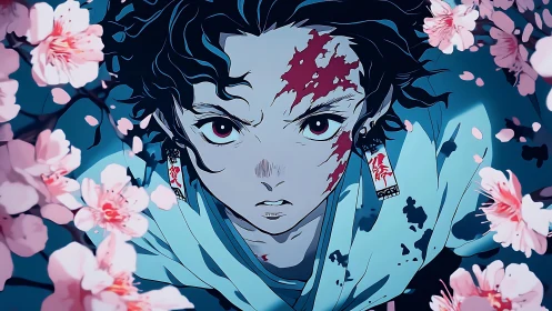Battle-scarred anime swordsman framed by dynamic sakura bloom