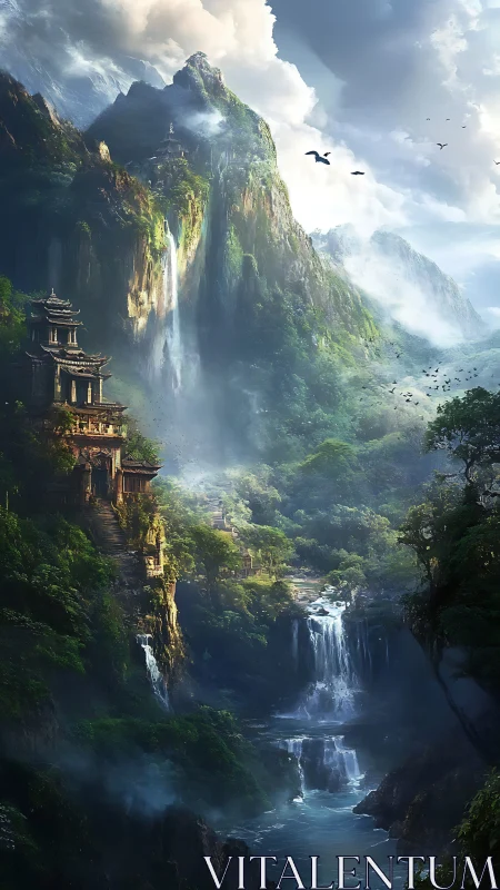 Mountain temple over misty waterfalls in dense forest.