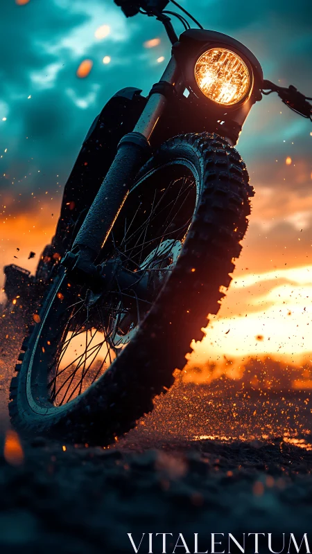 Off-road motorcycle wheel cuts through glowing dusk mud