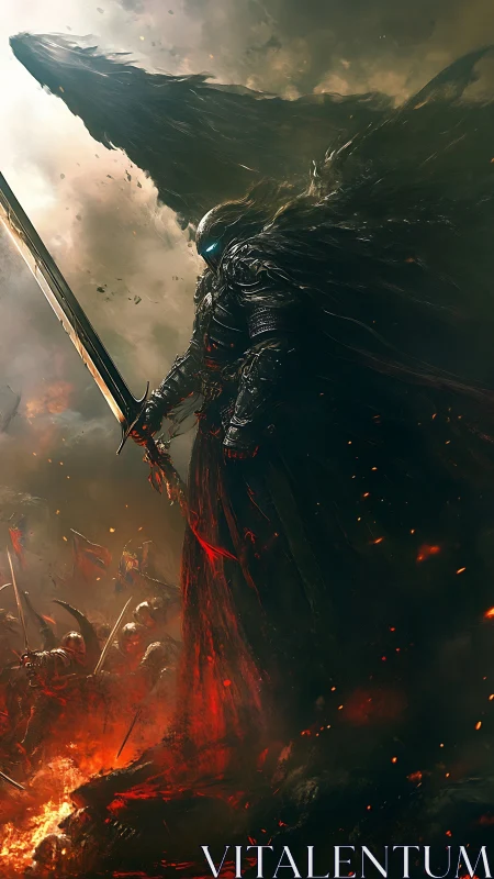 Dark armored fallen angel towers over burning battlefield