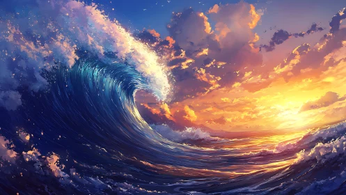 Large ocean wave under colorful sunset sky seascape.