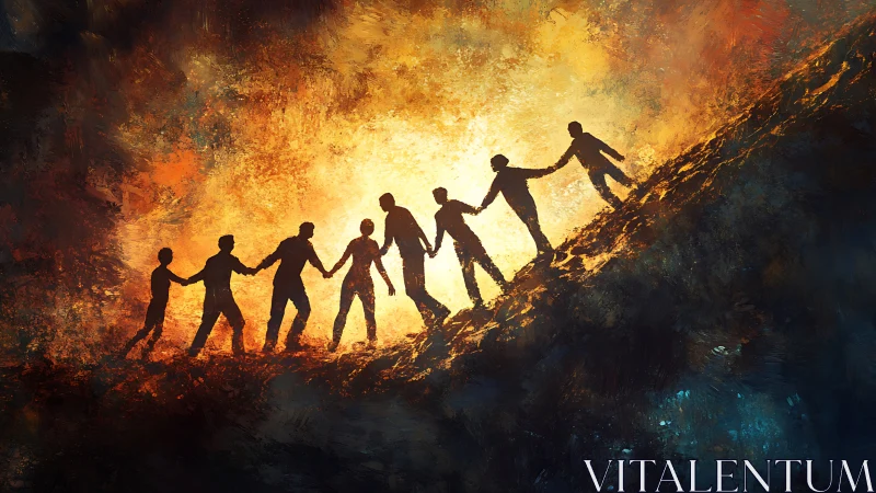 Silhouetted figures climb together toward radiant light.