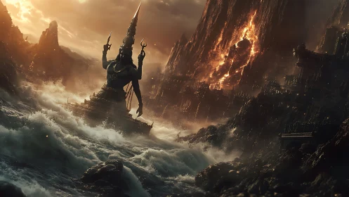 Submerged deity statue faces turbulent sea and volcanic slope