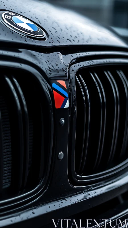 BMW kidney grille closeup with M colors in rain detail.