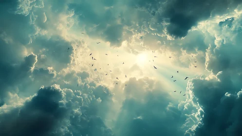 Radiant sun pierces stormy clouds as birds circle in serenity