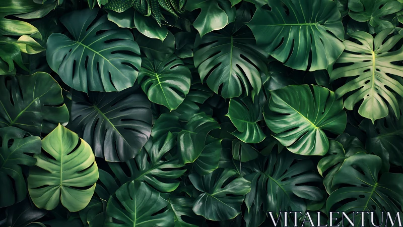 Lush tropical monstera foliage forming dense green canopy.