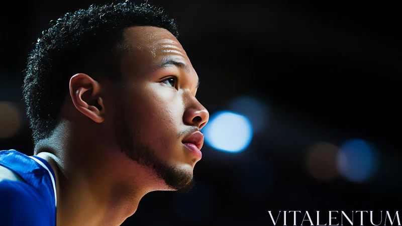 Male basketball player looks upward in focused side profile