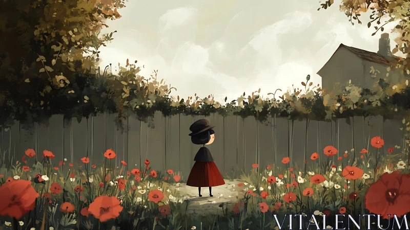 Child in red skirt among garden poppies at dusk.