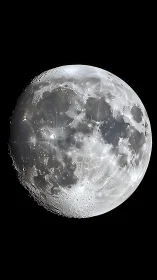 Luminous gibbous Moon with crisp crater field against black sky.