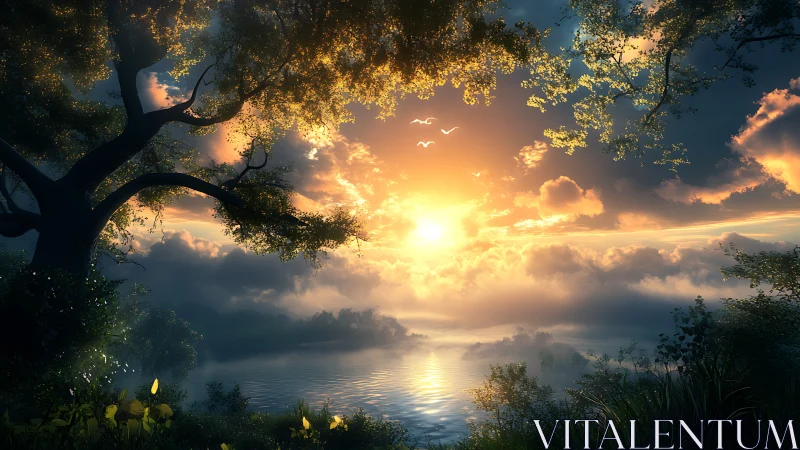 Golden sunrise over a quiet dreamlike riverside grove.