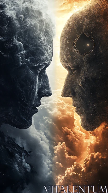 Dual cosmic visages confronting across stormlit divide.