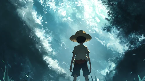 Boy in straw hat stands under bright sky in forest clearing.
