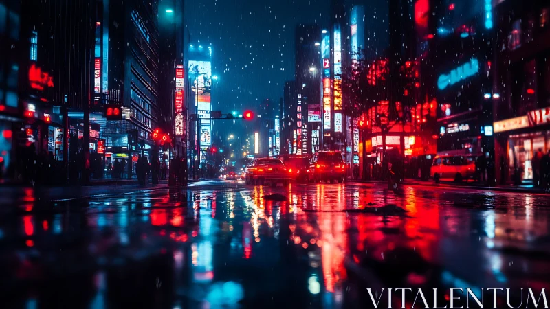 Neon-lit wet asphalt city street renders dynamic bokeh reflections