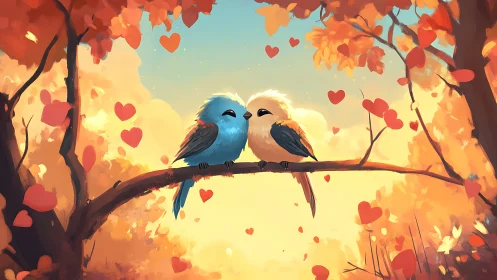 Two Birds in Love Beneath Autumn's Golden Glow.